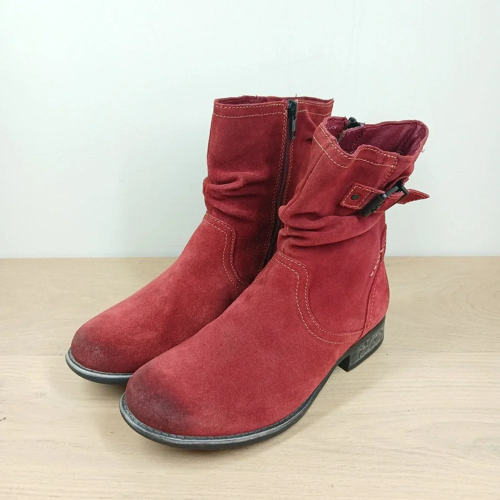 Earth Ankle Boots Women 8W Red Suede Slouchy Buckle Zip Relief Pod Mid Calf